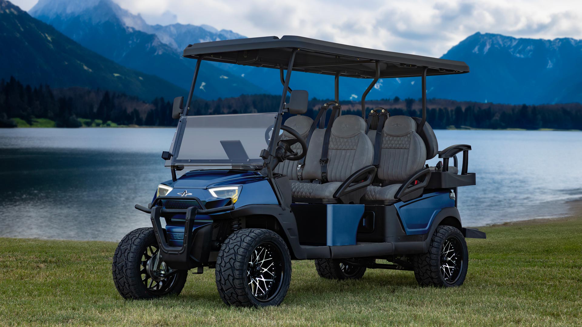 Atlas MAX 6-Passenger Lifted Golf Cart in Cobalt Blue by Lake